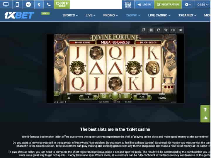 Registration in the online casino 1xbet